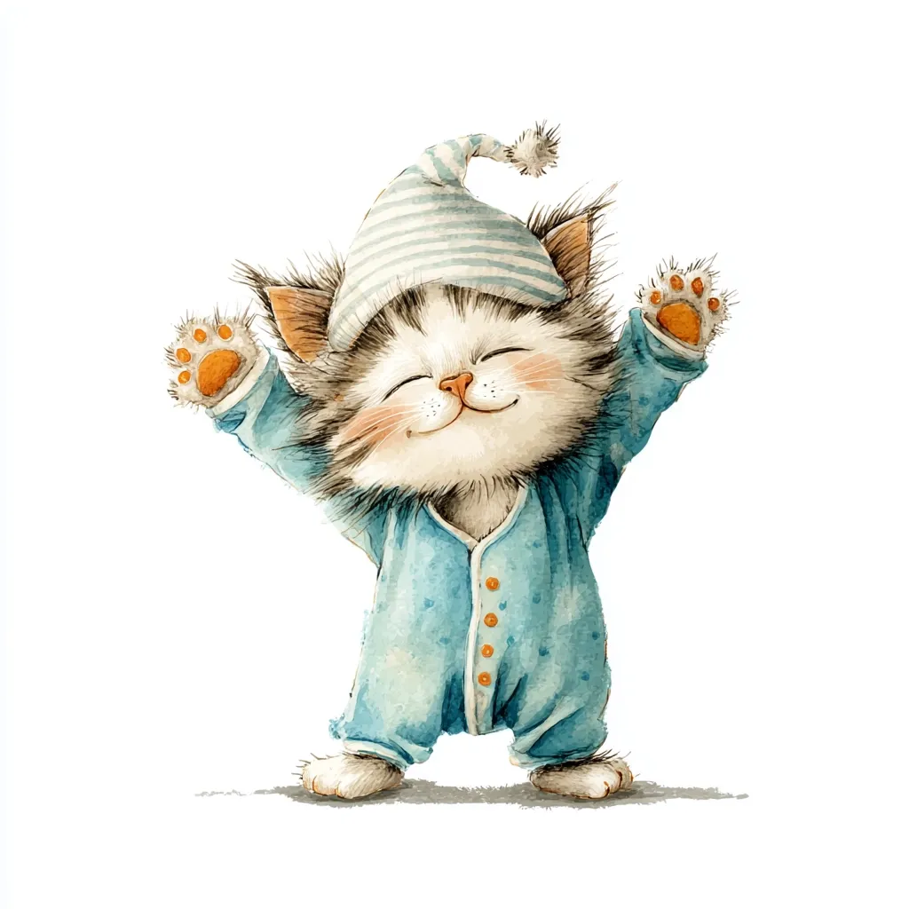 A watercolor illustration of a cute kitten waking up.  The kitten, wearing a blue pajama onesie and striped sleeping cap, stretches its arms high with a joyful expression. Its paws are accentuated with orange pads. The overall style is charming and whimsical, perfect for children's books or greeting cards.