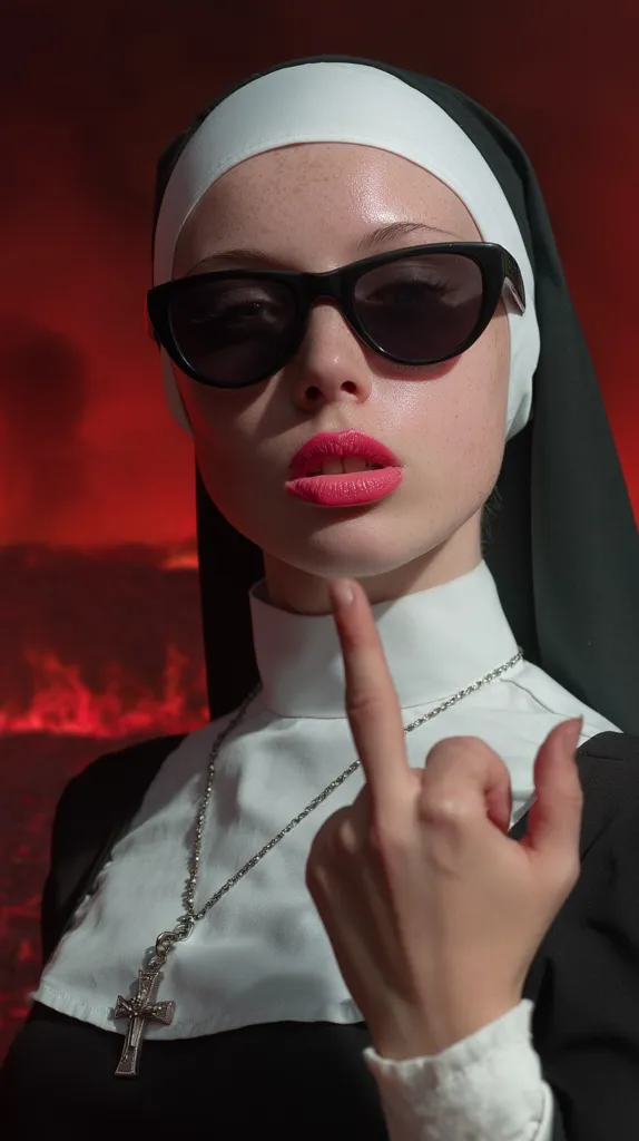 A young woman dressed as a nun, wearing sunglasses, gives the middle finger.  She has bright pink lipstick and a silver cross necklace. The background is a blurry red and dark, creating a dramatic contrast with her pale skin and dark clothing.  The image presents a juxtaposition of religious attire and a rebellious gesture.