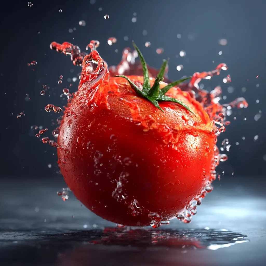 A vibrant red tomato is captured in mid-air, surrounded by a dynamic splash of water.  The image showcases the tomato's juicy texture and freshness. Water droplets cling to its skin, highlighting its round shape and green stem. The dark background provides a striking contrast to the bright red of the tomato and the glistening water.  The overall effect is one of freshness and energy.