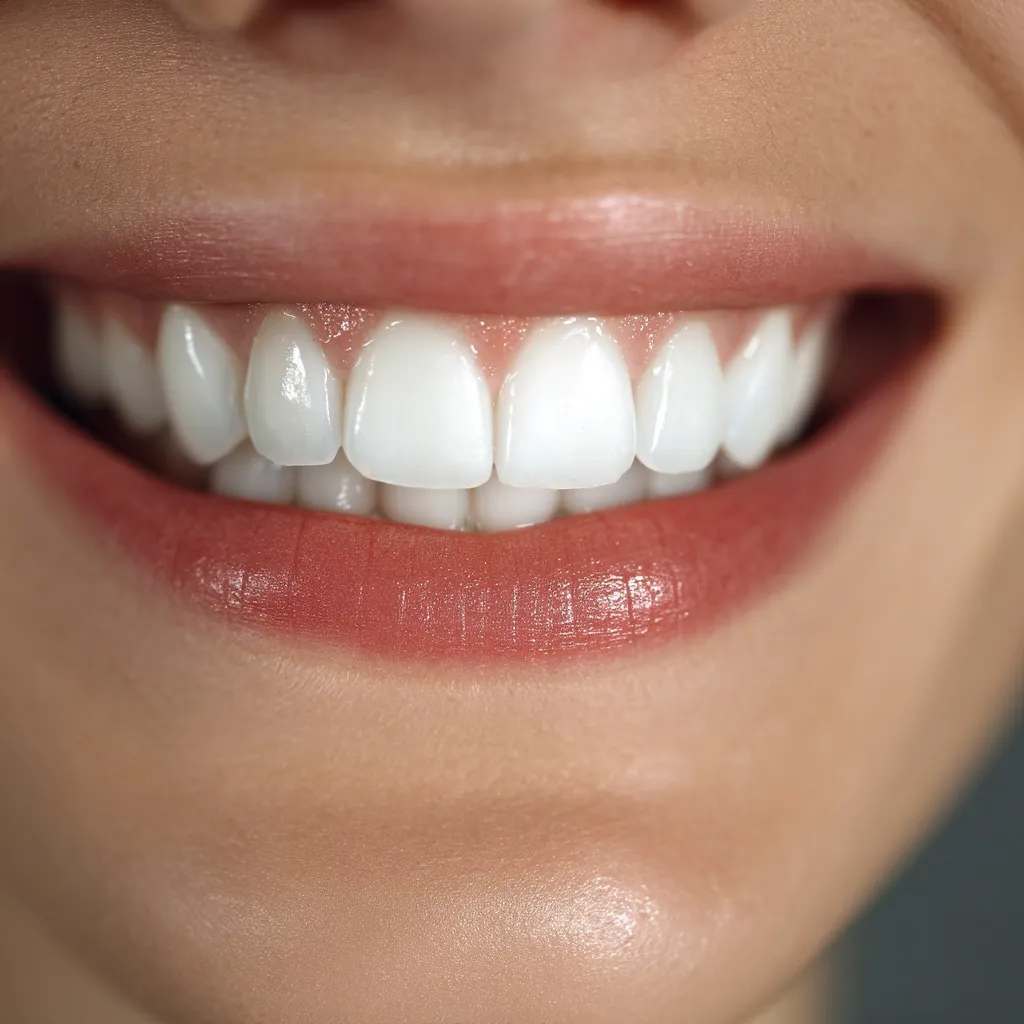 Close-up of a woman's smile, showcasing perfectly aligned, bright white teeth.  Her lips are a soft, natural pink, and her skin is smooth and luminous.  The image emphasizes the health and beauty of a flawless smile.