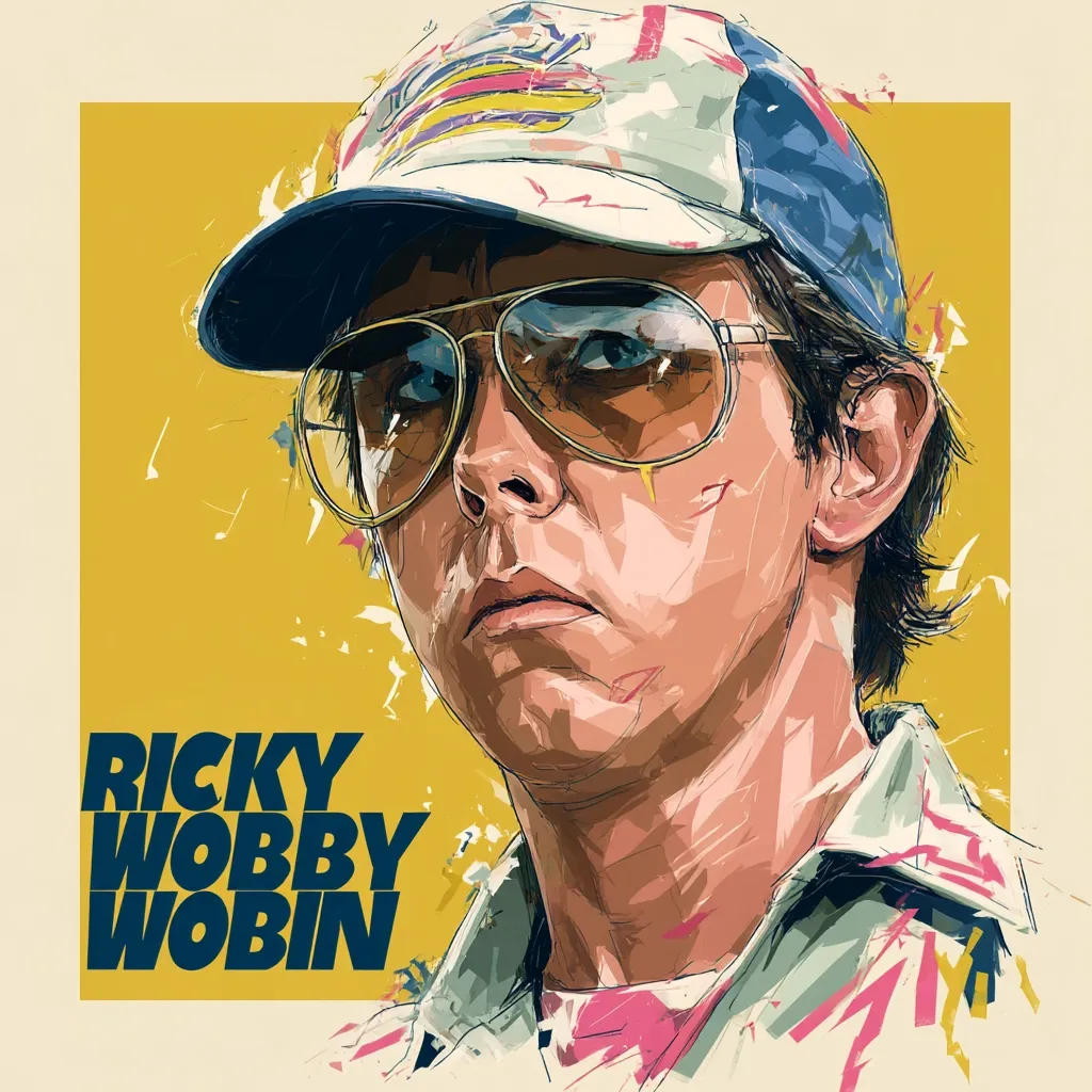 A stylized portrait of Ricky Wobbly Wobin. The image is painted in a vibrant, expressive style with bold colors and brushstrokes.  He's depicted wearing aviator sunglasses and a baseball cap, his expression serious and intense. The background is a solid mustard yellow, creating a striking contrast with the figure. The name "Ricky Wobbly Wobin" is prominently displayed beneath the portrait in a stylized font.