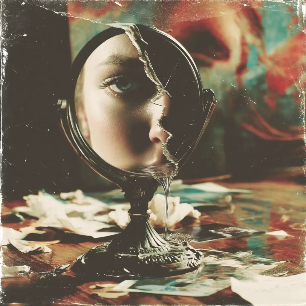 A cracked antique mirror reflects a woman's face, distorted and fragmented.  Water drips from the fissures, mirroring the fractured reflection. The mirror rests on a dark wooden surface cluttered with old photographs and papers, suggesting a melancholic past or shattered memories.  The overall aesthetic is dark, moody, and evocative of loss or disillusionment.