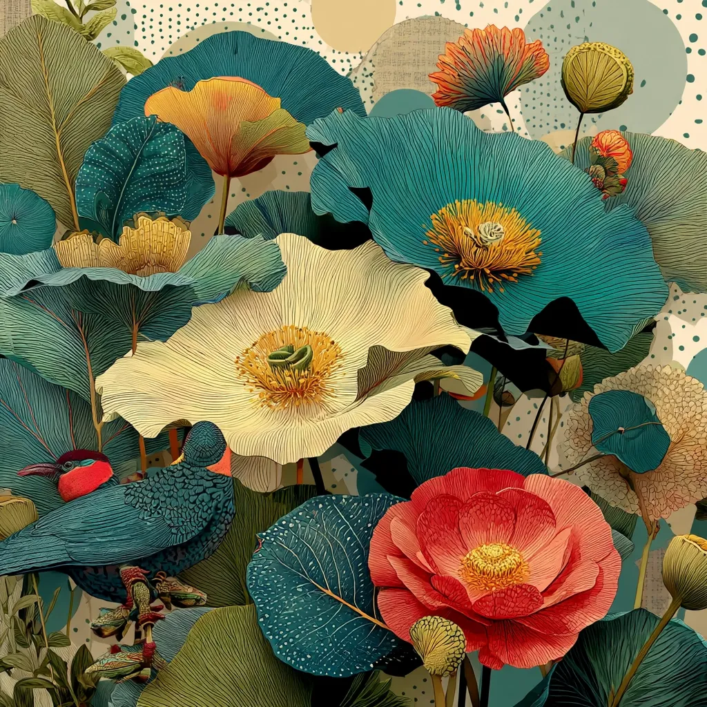 A vibrant illustration showcases a profusion of stylized flowers in teal, cream, and coral hues.  Large, intricately detailed blooms dominate the foreground, complemented by lush, textured leaves. Two birds, with deep blue and red plumage, are nestled among the blossoms. The background features a soft, abstract pattern of dots and shapes, enhancing the overall artistic effect. The style is reminiscent of botanical illustration with a modern twist.