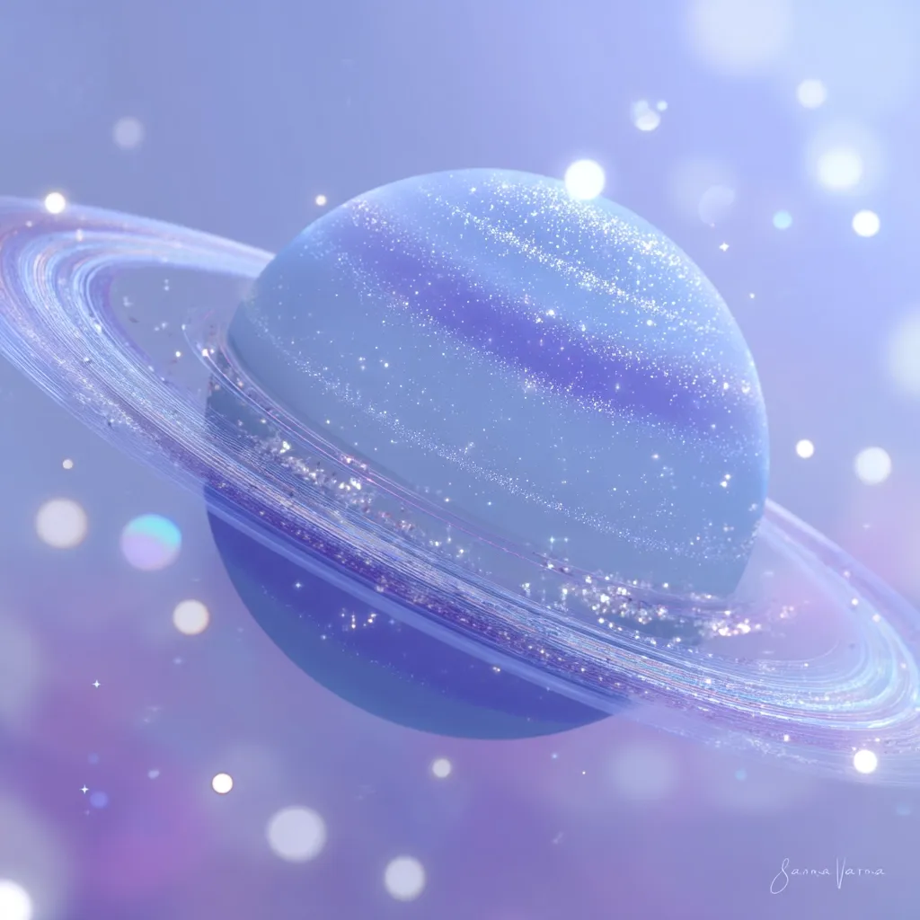 A pastel-colored planet, resembling Saturn, floats in a dreamy, ethereal space.  Its rings are delicate and iridescent, shimmering with subtle light. The planet's surface displays soft lavender and light blue hues, speckled with tiny glittering particles. The background is a soft purple and lavender gradient, filled with bokeh effects creating a sense of depth and wonder.
