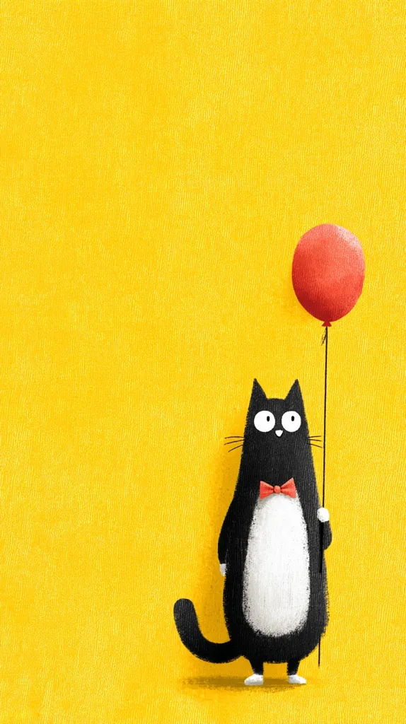 A stylized illustration features a tuxedo cat holding a red balloon against a bright yellow background.  The cat is predominantly black with a white belly and wears a small red bow tie.  Its expression is simple and charming. The image is minimalist and evokes a feeling of playful simplicity.