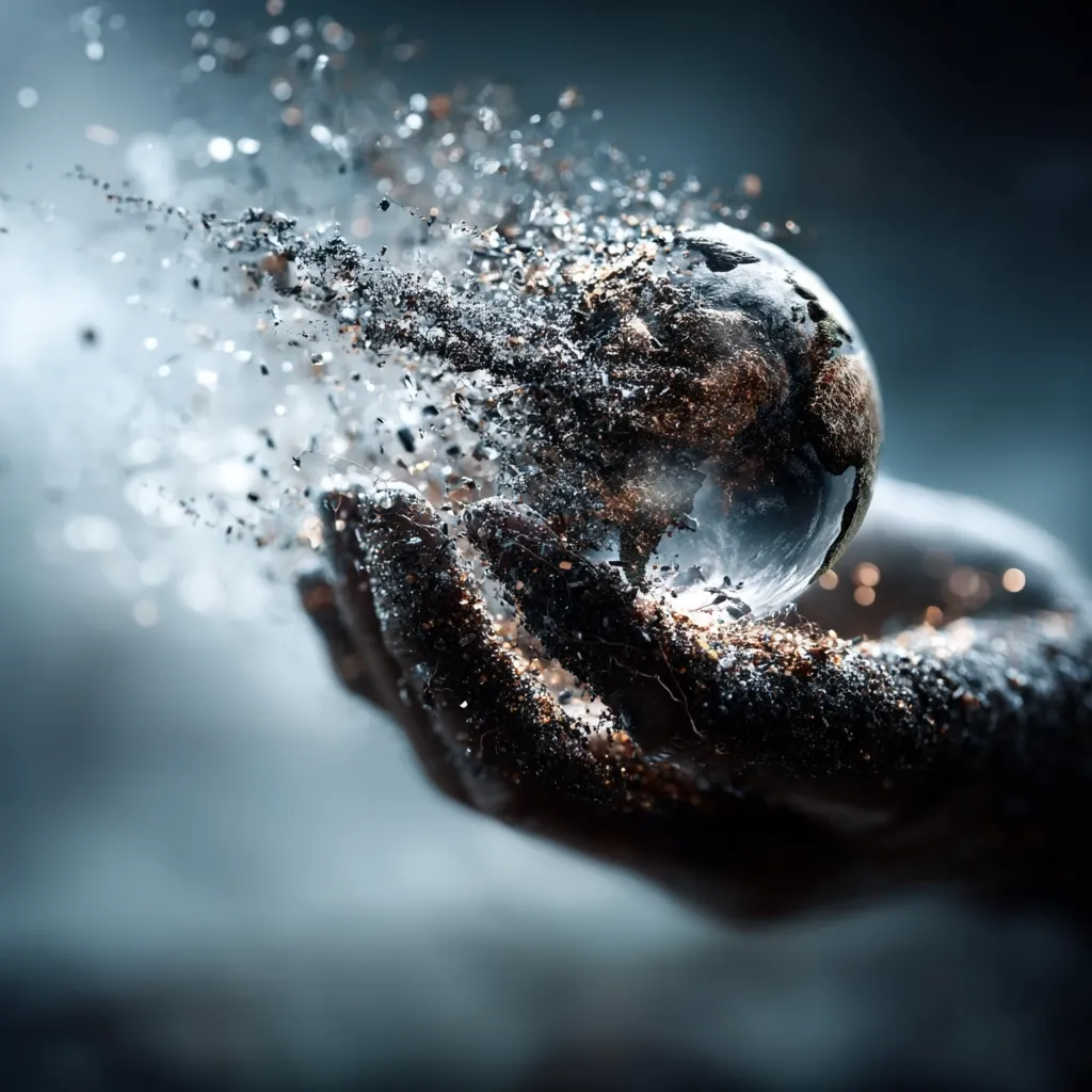 A digital artwork depicts a pair of hands gently cradling a miniature Earth.  The globe is partially disintegrating, with particles of earth and rock swirling around it, creating a dramatic visual of fragility and decay.  The hands are textured with a dark, metallic substance, speckled with gold highlights, emphasizing the powerful yet delicate interaction between humanity and the planet. The overall mood is somber, conveying a message about environmental vulnerability.