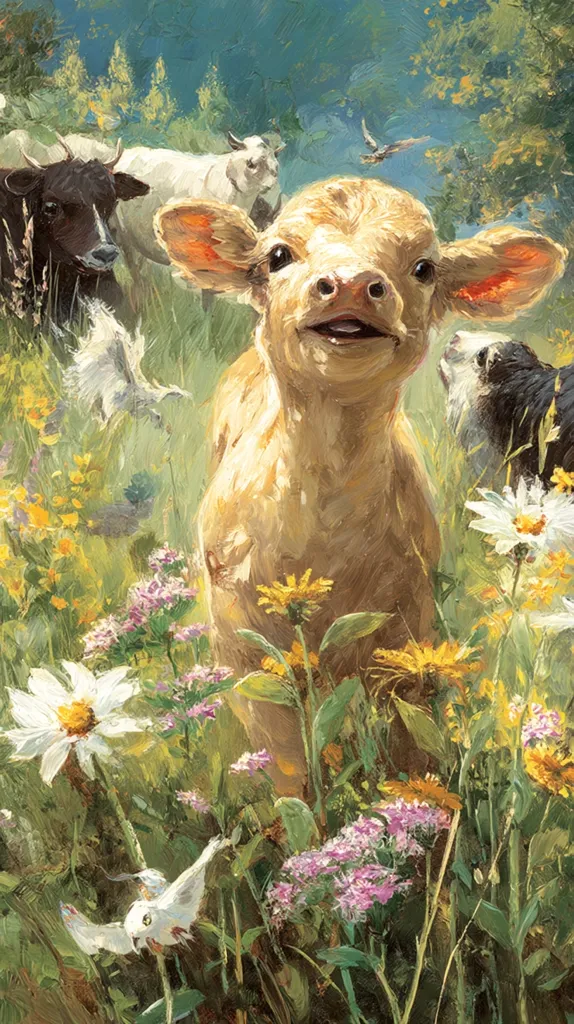 A cheerful calf stands in a vibrant meadow, surrounded by wildflowers and other farm animals.  The calf's playful expression is the focal point, its light-colored coat contrasting with the lush greenery.  Other animals, including cows, goats, and sheep, are visible in the background, suggesting a peaceful farm scene.  The overall style is painterly and impressionistic, capturing a bright, sunny day.