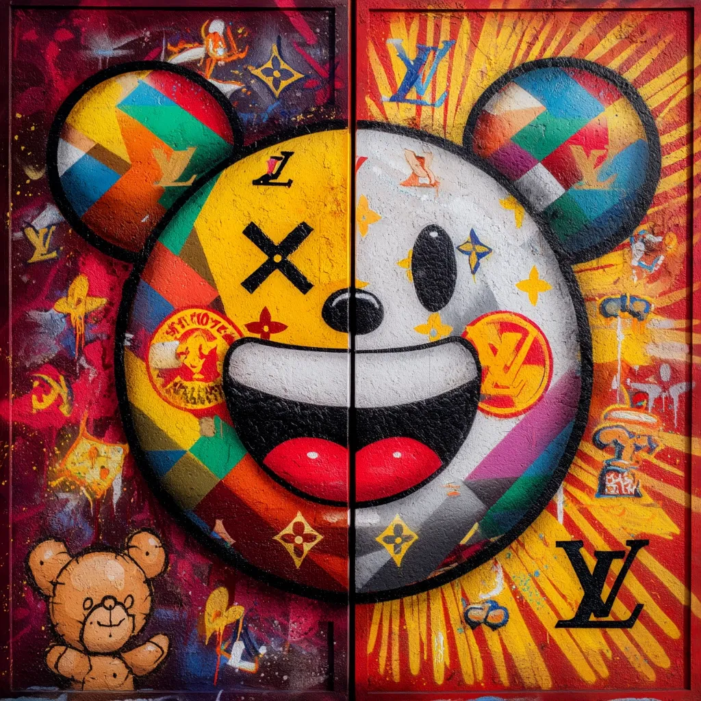 A vibrant graffiti mural depicts a split-faced cartoon bear.  One half is predominantly yellow with a bold X, incorporating multicolored geometric shapes and Louis Vuitton motifs. The other half is white with similar LV patterns.  Both halves share a wide, cheerful grin and large black eyes. A smaller teddy bear is visible in the bottom-left corner. The overall style is bold, playful, and incorporates a mix of street art and luxury brand elements.