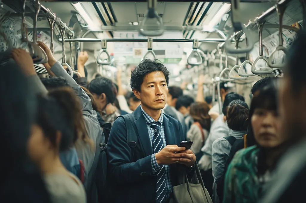 A man in a suit stands on a crowded Japanese train, checking his phone.  He's surrounded by commuters, many holding onto overhead straps. The atmosphere is dimly lit and conveys the feeling of a busy rush hour commute. The image focuses on the man, highlighting his contemplative expression amidst the bustling crowd. The overall impression is one of anonymity and the daily routine within a densely populated urban environment.