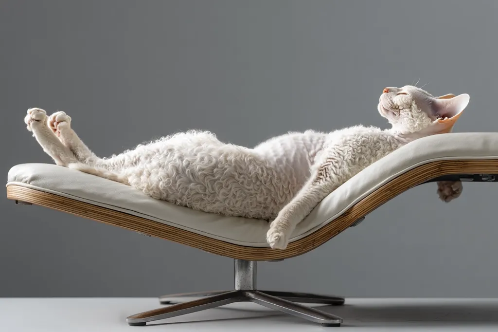 A fluffy white cat, possibly a Selkirk Rex, luxuriates in a reclined position on a modern, minimalist chaise lounge.  Its paws are delicately splayed, and its eyes are closed in peaceful slumber. The cat's curly fur contrasts beautifully with the smooth lines of the off-white furniture against a muted grey backdrop. The image evokes a sense of calm and serenity.