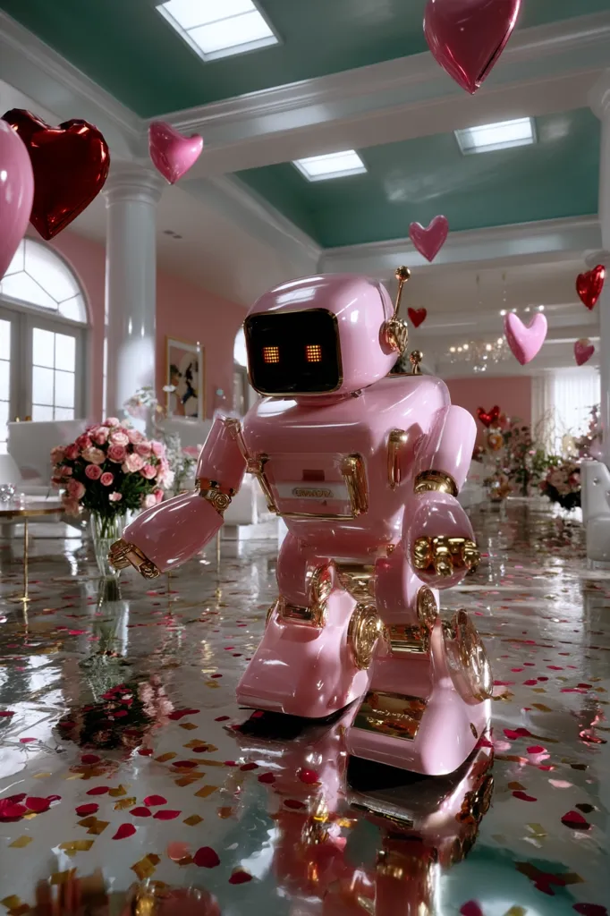 A pink retro robot stands in a luxurious room decorated with pink and red heart-shaped balloons and rose bouquets.  The shiny floor reflects the robot and confetti, creating a romantic, whimsical scene. The robot is detailed with gold accents, adding to its charming, vintage aesthetic.  The overall atmosphere is festive and playful.