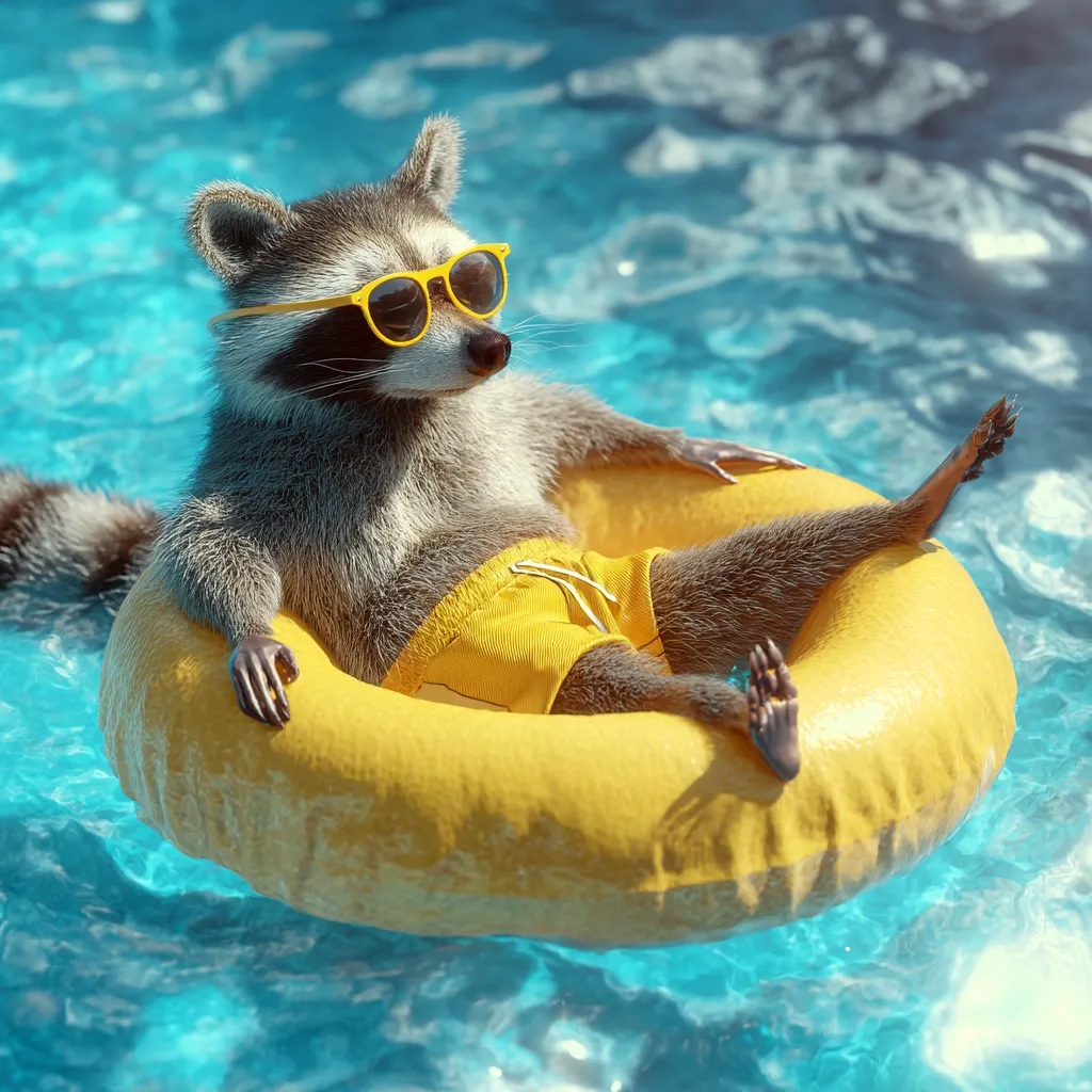 A raccoon, wearing yellow sunglasses and swim trunks, relaxes in a yellow inflatable ring in a bright blue swimming pool.  The raccoon appears calm and content, enjoying a leisurely float. Sunlight glints off the water's surface. The scene is digitally rendered, with a playful and summery vibe.