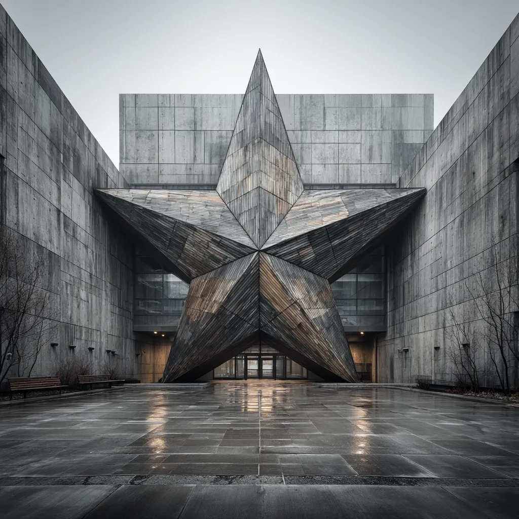 A large, weathered wooden star dominates the entrance of a modern concrete building.  The star's imposing size and aged texture contrast sharply with the clean lines of the minimalist architecture.  The wet pavement reflects the overcast sky, enhancing the somber yet striking atmosphere of the scene. The overall impression is one of stark beauty and intriguing juxtaposition.