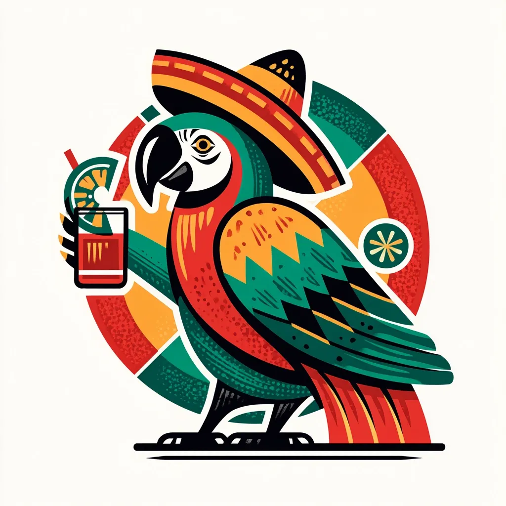 A vibrant illustration showcases a parrot, adorned in a sombrero, casually holding a glass of what appears to be a margarita.  The parrot's plumage is depicted in bold, stylized colors of red, green, and yellow, against a circular backdrop featuring a textured, sunburst design. The overall aesthetic is playful and suggestive of a festive, possibly Mexican-themed, atmosphere.
