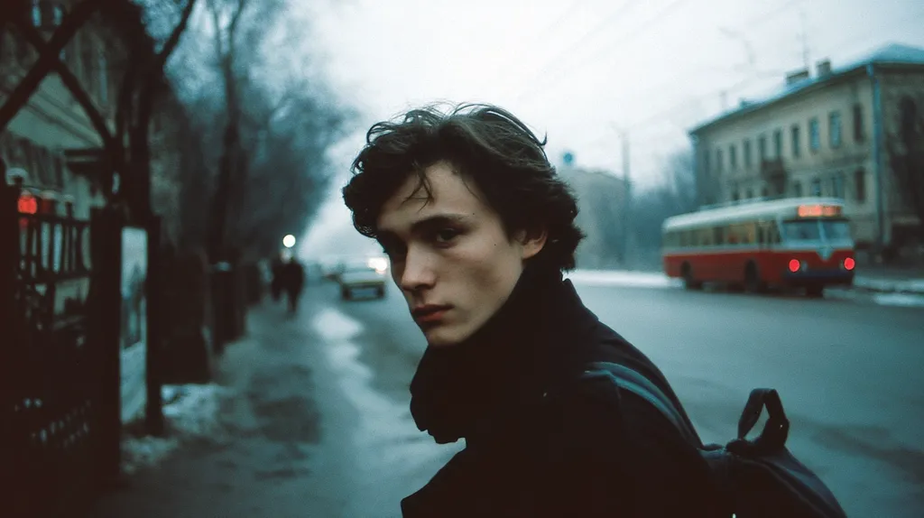 A young man with dark, wavy hair looks directly at the camera. He's wearing a dark coat and backpack, standing on a city street.  A blurred background shows a street scene with buildings, a bus, and pedestrians, suggesting a cold, possibly wintry day. The overall mood is moody and atmospheric.