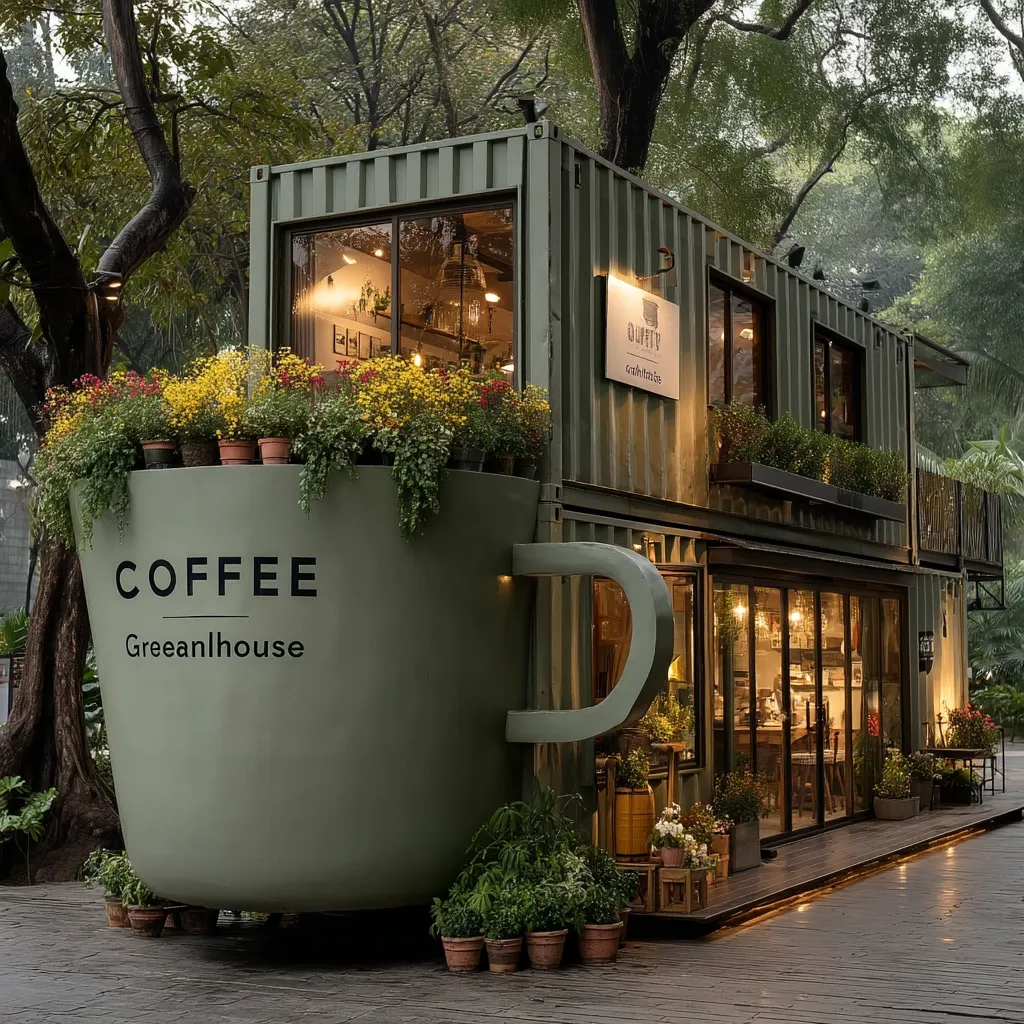 A charming coffee shop, creatively designed as a giant coffee cup, is nestled amidst lush greenery.  Constructed from repurposed shipping containers, the building boasts large windows showcasing its warm interior.  Flower boxes adorn the "cup," adding to the inviting ambiance.  The shop's name, "Greenhouse," is prominently displayed, reflecting its natural setting and eco-conscious design.  The overall aesthetic is one of relaxed comfort and environmental awareness.