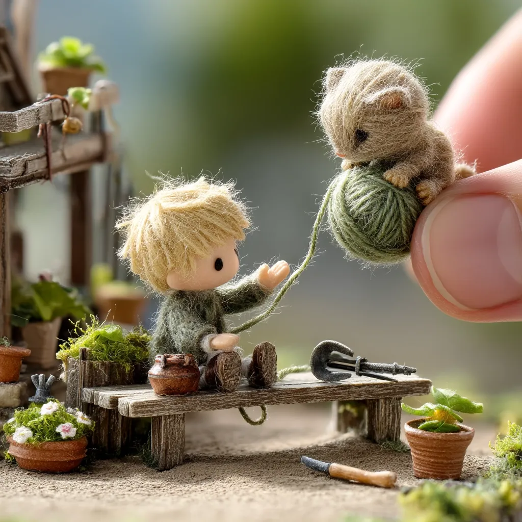 A miniature boy with blond hair sits on a tiny wooden bench, holding a string connected to a miniature kitten perched on a ball of yarn.  The scene is idyllic, set in a miniature garden with small plants and tools. The overall aesthetic is whimsical and charming, possibly showcasing handmade miniature figures.  A human hand subtly holds the kitten, completing the enchanting tableau.