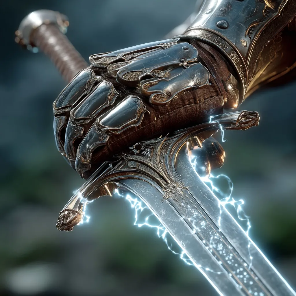 A close-up reveals a gloved hand, adorned with intricately detailed metal armor, gripping a magnificent sword.  The sword's ornate hilt and blade are etched with exquisite detail.  Arcing bolts of blue energy surge along the blade, adding a mystical element to the powerful image. The overall aesthetic suggests a fantasy or video game setting.
