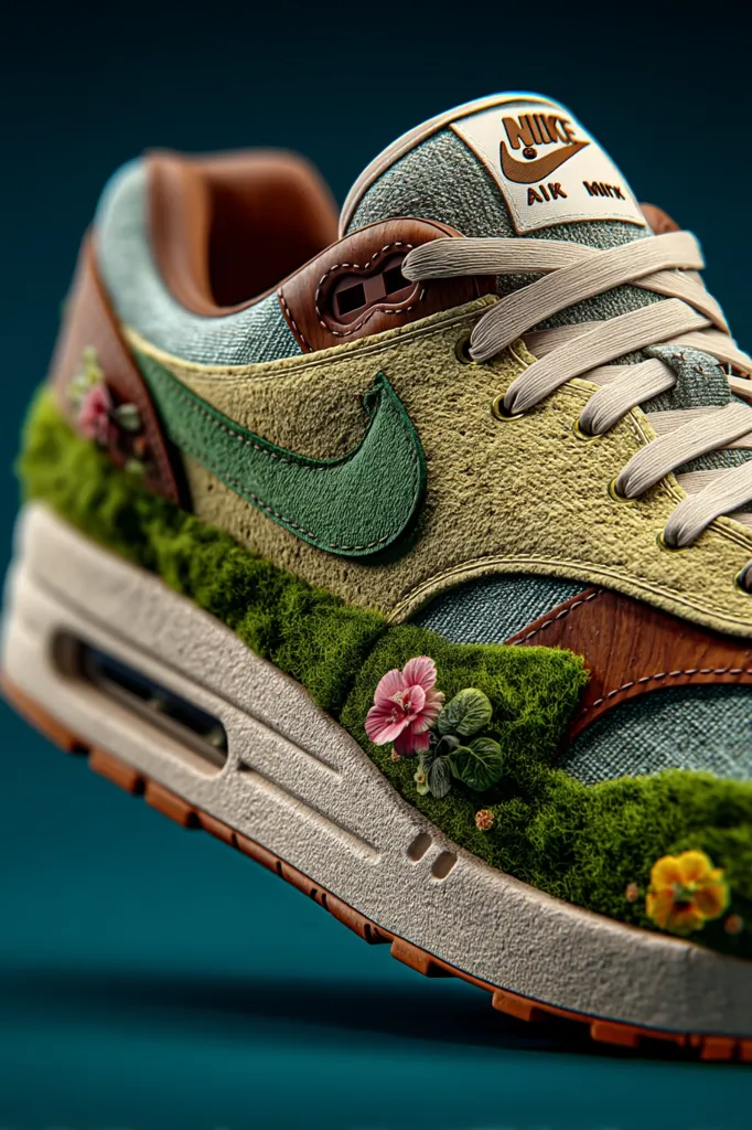 A close-up shot showcases a Nike Air Max 1 sneaker, uniquely adorned with moss and miniature flowers along its midsole.  The shoe's upper displays a blend of light green suede and denim, complemented by brown leather accents.  The Nike swoosh is a deep green, contrasting the earthy tones. The overall aesthetic evokes a sense of nature and spring.