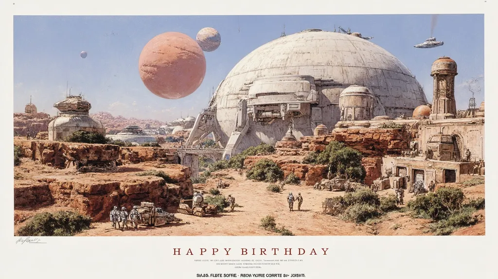A futuristic desert city scene is depicted, featuring a large, dome-shaped building and various smaller structures.  Figures in uniform are scattered throughout the landscape, along with vehicles and flying craft.  Two large planets are visible in the sky. The artwork is titled "Happy Birthday" and is signed by the artist.  The overall style evokes science fiction, possibly inspired by Star Wars.