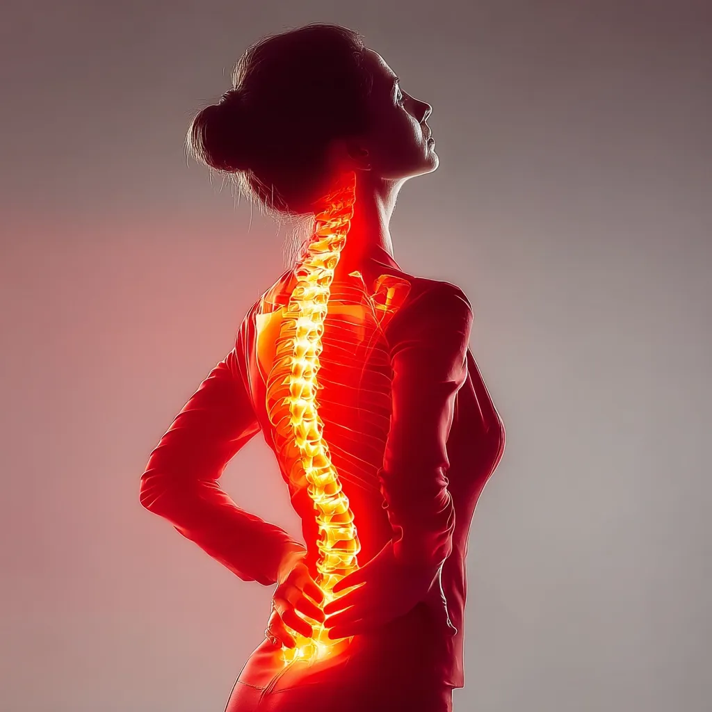 The image shows a woman from the back, her spine highlighted in glowing red and orange.  She is wearing a red blazer and appears to be in pain, hands placed on her lower back. The glowing spine emphasizes the location of discomfort, suggesting back pain or spinal issues.  The overall tone is medical and illustrative, highlighting the anatomy of the spine within the context of pain.