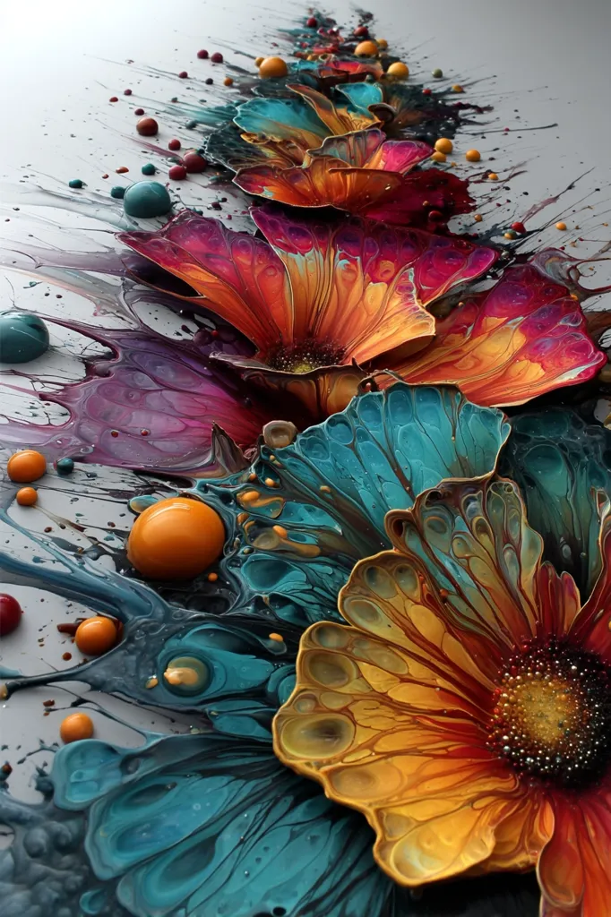 A vibrant fluid acrylic painting showcases a cascade of stylized flowers in rich jewel tones.  The flowers, rendered with swirling patterns and textured details, descend from the top, creating a dynamic, almost floral explosion.  The interplay of teal, orange, and deep reds is punctuated by small, colorful orbs, adding to the painting's depth and visual interest.  The overall effect is one of luxurious, explosive beauty.