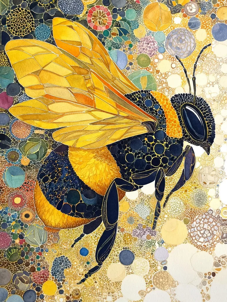 A detailed watercolor painting depicts a bumblebee against a vibrant, multicolored background. The bee's body is rendered with meticulous detail, showcasing its fuzzy texture and segmented body.  The background is an abstract composition of small, colorful circles and dots, creating a textured and energetic setting that contrasts with the sharp lines of the bee.  The overall style is intricate and almost mosaic-like.