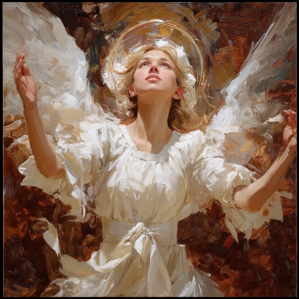 A painting depicts a fair-skinned angel with blonde hair, lying on her back with arms outstretched. She wears a flowing white gown and large, feathery white wings.  A golden halo surrounds her head.  The style is impressionistic, with visible brushstrokes creating a luminous effect, particularly on the angel's gown and wings. The background is a rich, earthy brown.  The overall mood is serene and heavenly.