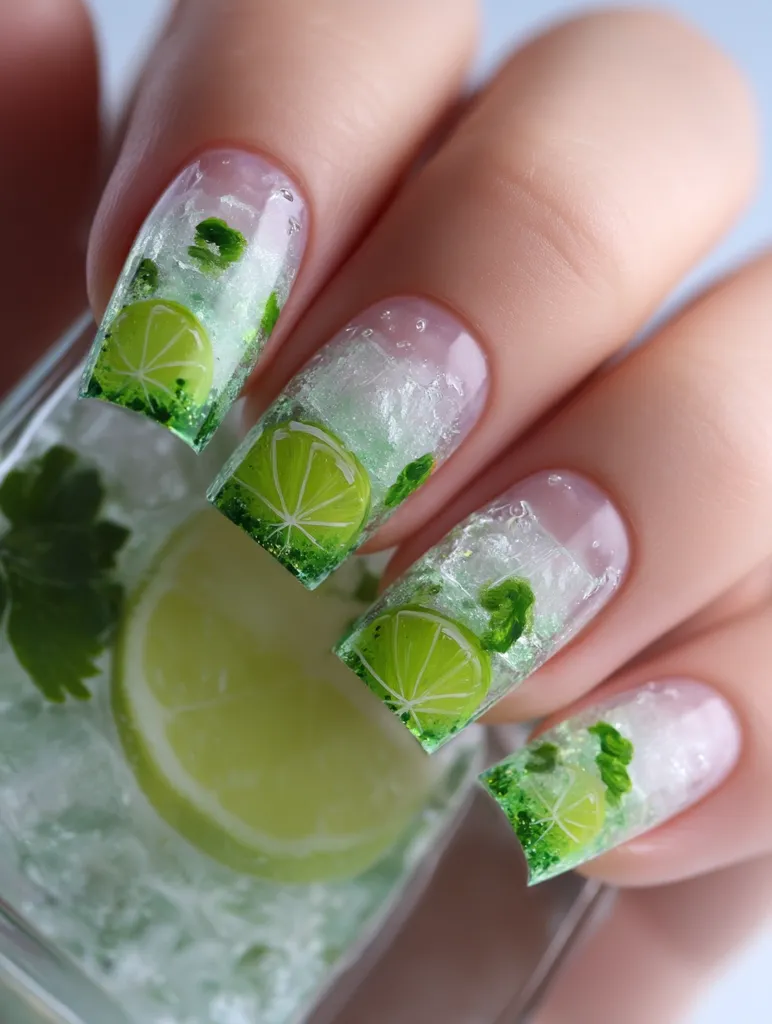 Close-up of a hand showcasing meticulously designed nails. Each nail features a square-shaped design resembling a lime wedge submerged in an icy beverage.  The translucent nail polish creates an illusion of ice and refreshing lime slices, enhanced with painted green accents suggesting mint leaves. The overall effect is a vibrant and summery manicure.