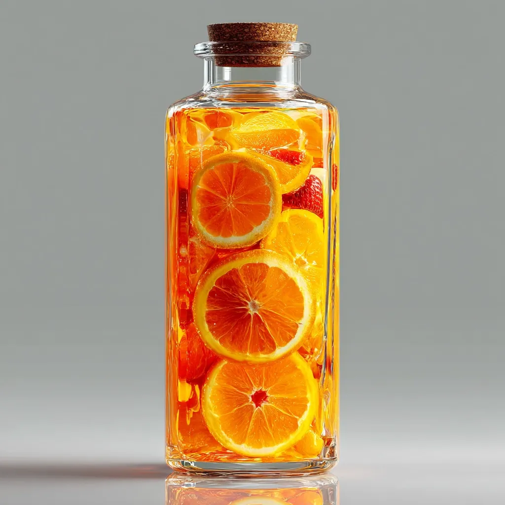 A glass bottle with a cork stopper is filled with a vibrant orange liquid and several slices of oranges and strawberries.  The citrus slices are arranged vertically within the bottle, creating a visually appealing and refreshing image.  The liquid appears to be a juice or infused water, suggesting a homemade, healthy beverage. The bottle sits on a reflective surface against a neutral gray background.