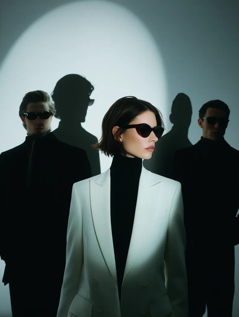 A woman in a crisp white blazer and black turtleneck stands center frame, wearing dark sunglasses.  Two men in dark suits flank her, their figures partially obscured by shadows cast from a spotlight above.  The overall mood is stylish and mysterious, suggesting a fashion campaign or editorial shoot.