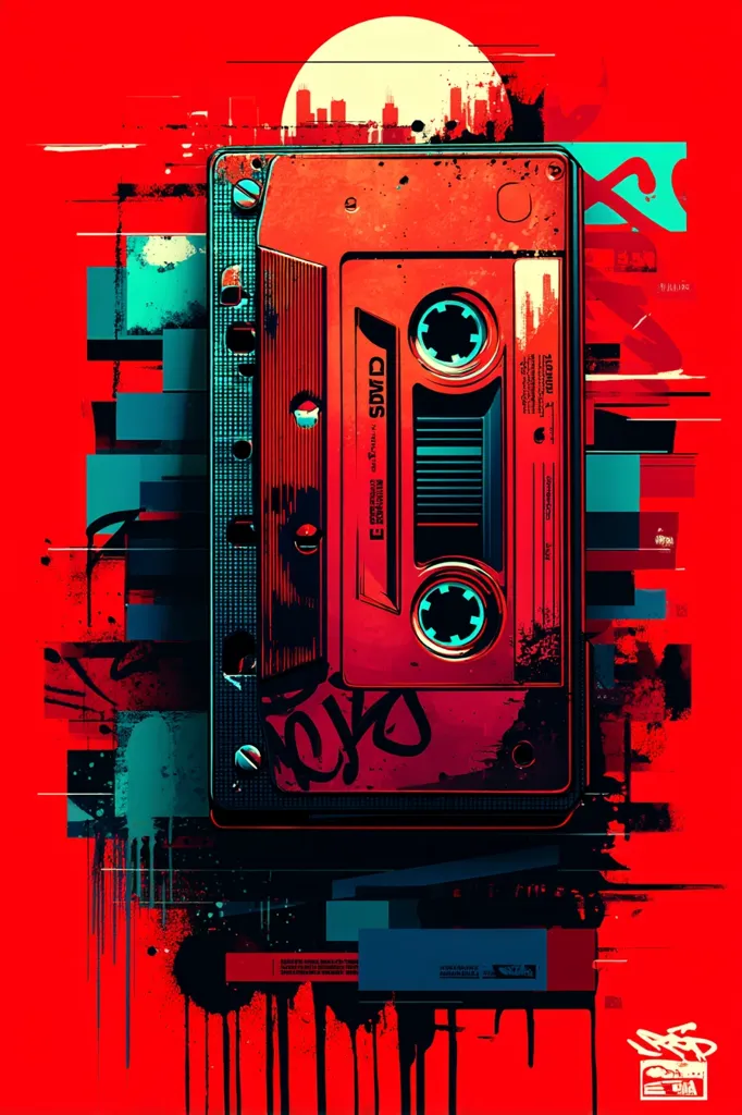 A vibrant, stylized illustration features a cassette tape as the central focus against a bold red background.  The tape is rendered in shades of red and teal, with graffiti-like elements incorporated into its design.  The backdrop includes abstract shapes and splashes of color, suggesting an urban or retro aesthetic.  A cityscape is subtly depicted behind the tape, adding depth to the image. The overall style is bold and energetic.