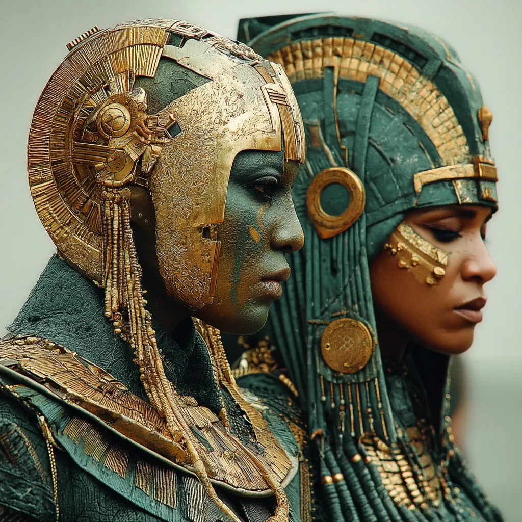 Two women, adorned in elaborate teal and gold headdresses and garments reminiscent of ancient Egyptian royalty, stand side-by-side.  Their faces are painted with metallic accents, complementing the intricate gold jewelry and headwear. The costumes exhibit a blend of ancient and futuristic design elements, creating a striking visual contrast.  The image evokes a powerful sense of regality and mystery.