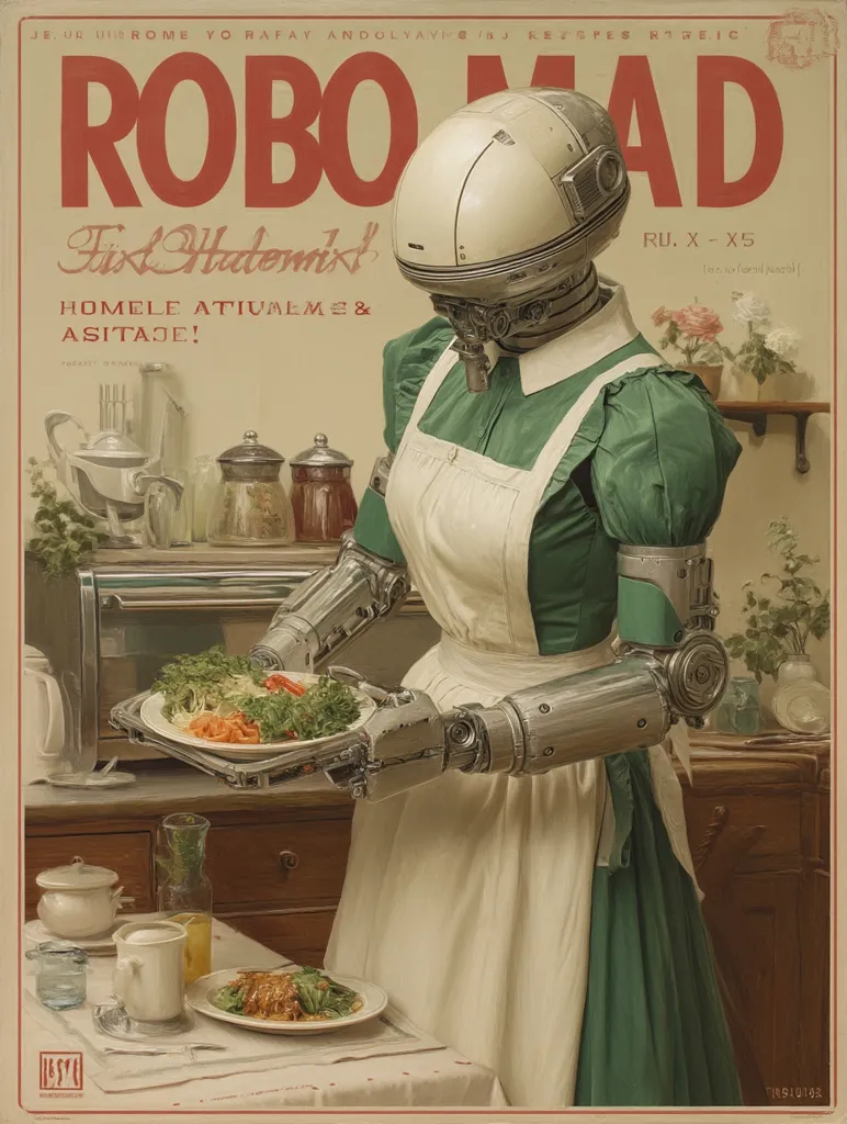 A retro-styled advertisement for "RoboMad Fix Hatemix" features a robotic maid in a green dress and apron, serving a plate of salad.  The image evokes a vintage aesthetic, blending futuristic robotics with a traditional domestic scene. The text highlights the product's role in home automation and assistance. The overall tone is whimsical yet suggestive of a future where robots perform household chores.