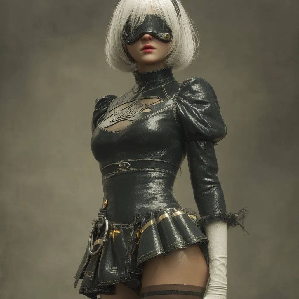 A stylized female figure, reminiscent of a video game character, is depicted. She possesses short, platinum blonde hair and wears a dark, form-fitting leather outfit featuring a short, ruffled skirt and long sleeves.  A blindfold obscures her eyes, adding to her mysterious aura.  The costume is intricately detailed with metallic accents and decorative stitching.  The background is a muted, neutral tone, focusing attention on the figure's attire and pose.