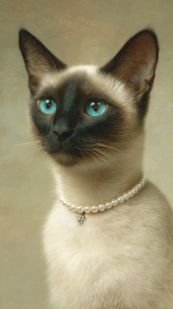 A Siamese cat with striking blue eyes is elegantly portrayed. Its creamy fur contrasts beautifully with its darker points.  The cat wears a delicate pearl necklace with a small pendant, adding to its regal appearance. The painting style is realistic, capturing the cat's soft fur and expressive gaze. The neutral background emphasizes the cat as the focal point.