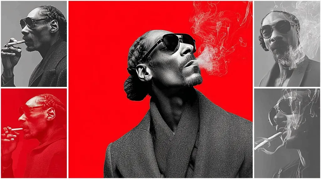 A collage features Snoop Dogg in a stylish black and white portrait against a vibrant red backdrop.  He's depicted smoking, wearing sunglasses, and a coat.  The image is a striking juxtaposition of contrasting colors and tones, showcasing a cool and sophisticated vibe. Multiple angles capture different expressions, creating a dynamic and memorable portrait.