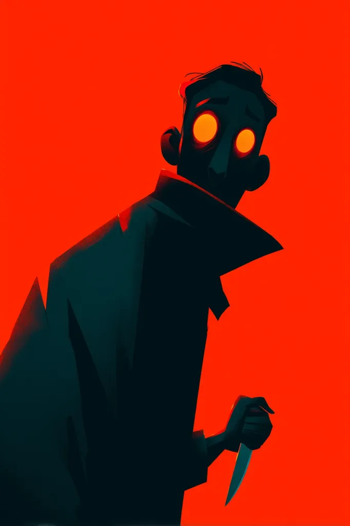 A stylized illustration depicts a shadowy figure against a vibrant red backdrop. The figure, cloaked in darkness, holds a knife, their glowing orange eyes peering from the gloom. The sharp contrast between the dark silhouette and the intense red background creates a dramatic, possibly sinister, mood. The artistic style is minimalist, focusing on bold shapes and striking color choices.
