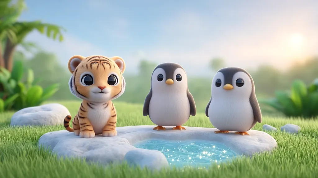 A cute, cartoon tiger cub sits on a rock beside a small pond.  Two adorable, fluffy penguins stand on the rock near the water's edge. The scene is set in a lush green field with a sunny, idyllic background.  The overall style is charming and whimsical.