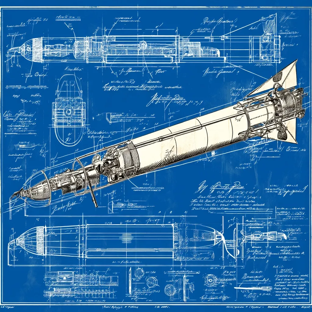 A detailed blueprint, rendered in faded blue, showcases a meticulously drawn rocket design.  The blueprint includes multiple cross-sections and component diagrams, providing a comprehensive view of the rocket's internal structure and mechanics.  Handwritten annotations in a foreign language (possibly German) accompany the technical drawings. The style suggests a historical document, possibly from the mid-20th century.