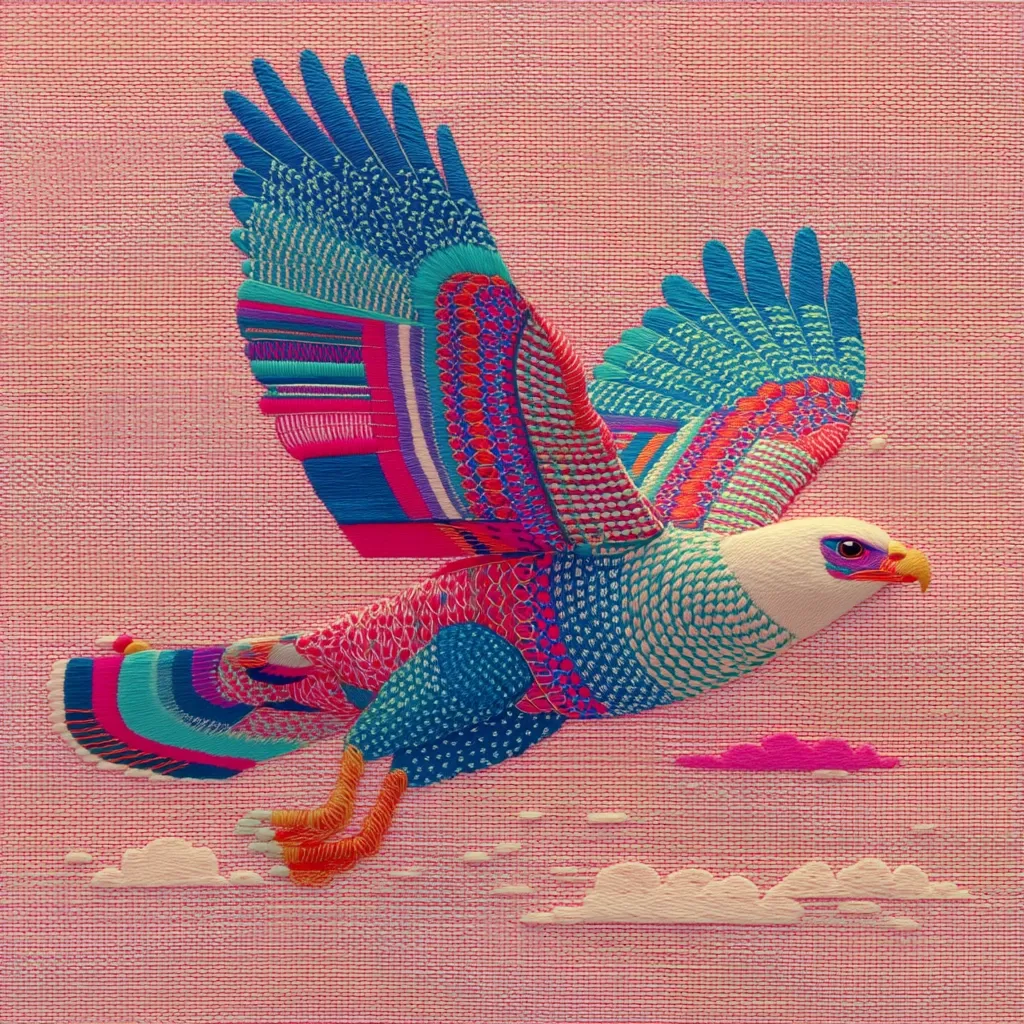 A vibrant, stylized eagle in flight is depicted against a pink, textured background.  The eagle's plumage is rendered in a bold, multicolored textile pattern, featuring bright blues, pinks, and oranges.  Simple white clouds suggest a sky. The artwork's style is reminiscent of embroidery or textile art, with intricate detail in the bird's feathers.