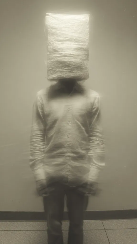 A person stands against a light beige wall, their head entirely covered by a large, rectangular piece of white fabric that obscures their features.  They wear a light-colored, long-sleeved shirt and dark trousers. The image is softly focused, giving a slightly ethereal or ghostly effect. The overall mood is enigmatic and mysterious.
