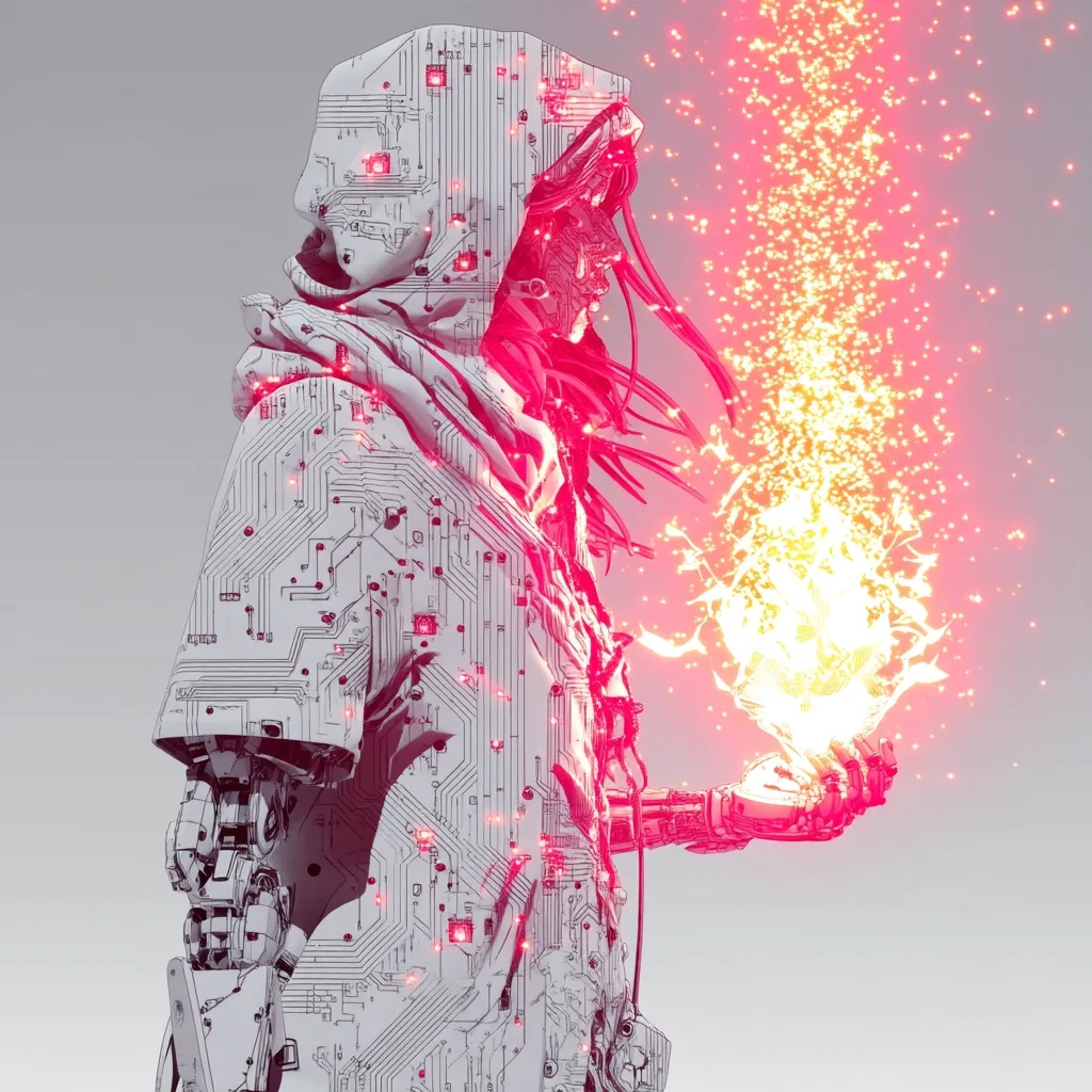 A stylized cyborg, cloaked in a white hooded garment patterned with circuit boards and glowing pink accents, stands in profile.  Its robotic arm holds a swirling, bright energy orb, emitting sparks of pink and yellow. The figure’s long, dark hair flows behind it, contrasting the robotic elements. The overall aesthetic is futuristic and otherworldly, suggesting technological mastery and mystical power.