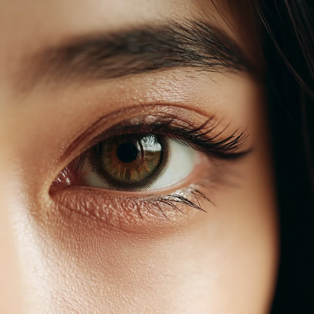 A close-up shot reveals a woman's eye, featuring a hazel-colored contact lens.  The image showcases detailed textures of her skin, subtly defined eyebrows, and meticulously applied eye makeup, highlighting the lush, dark eyelashes.  The focus is sharp, emphasizing the beauty and clarity of the eye.