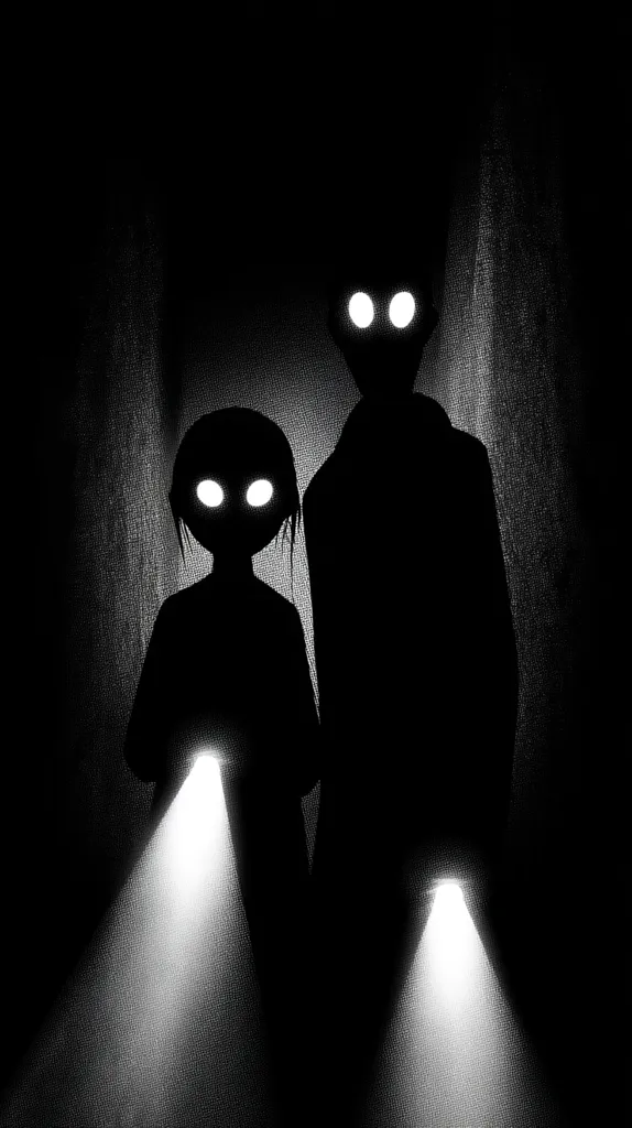 Two shadowy figures, a taller one and a shorter one, stand in the dark.  Their eyes glow brightly, illuminated by small lights they carry.  The figures are silhouetted against a textured, dark background, creating a mysterious and slightly unsettling atmosphere.  The overall effect is one of suspense and intrigue.