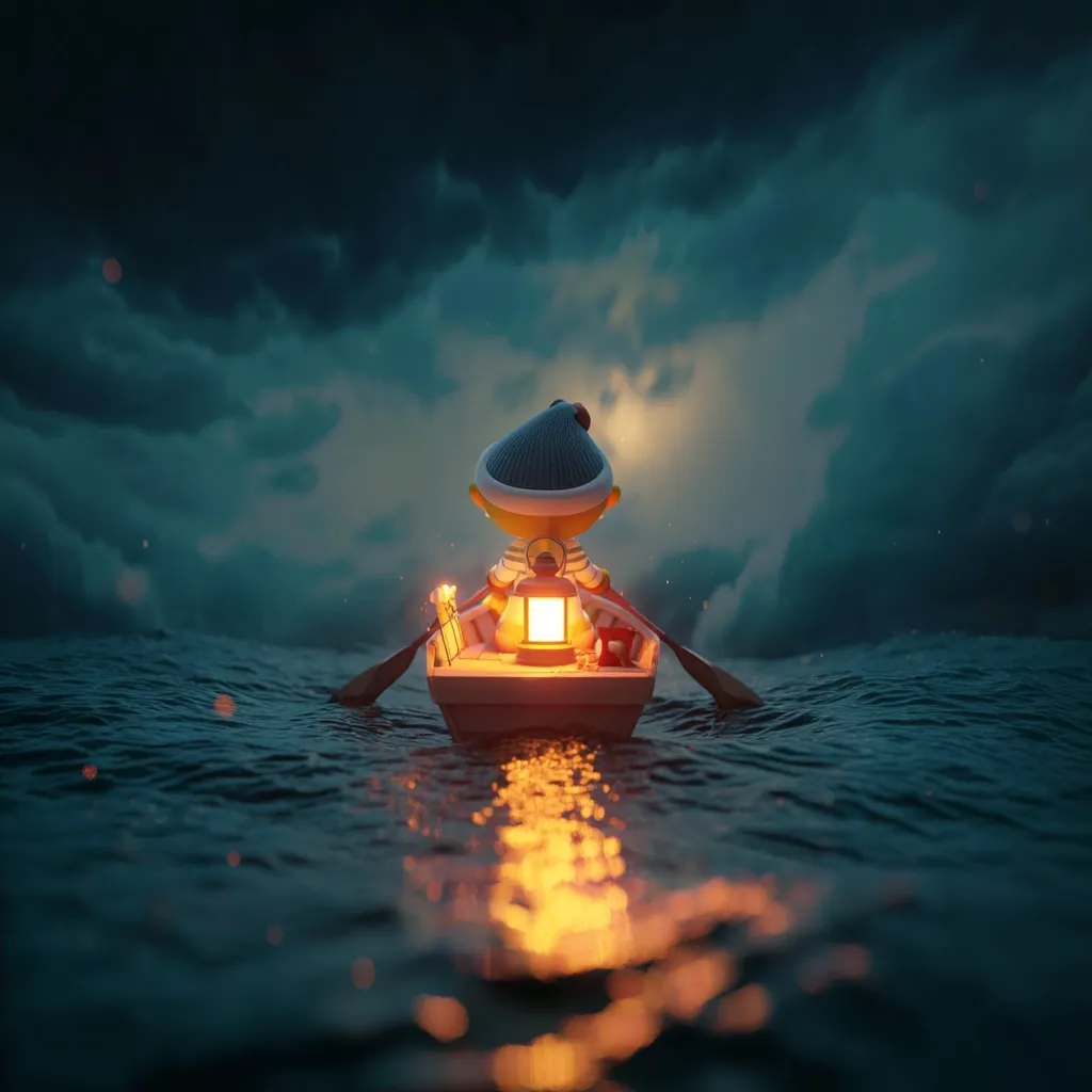 A small, cartoon-like figure in a knitted hat sits alone in a tiny boat on a dark, stormy sea.  A lantern glows warmly, illuminating the boat and its contents, which include a small wrapped gift.  The figure's back is to the viewer, adding to the sense of mystery and solitude.  The scene is atmospheric, evoking a feeling of quiet adventure or perhaps a journey into the unknown.