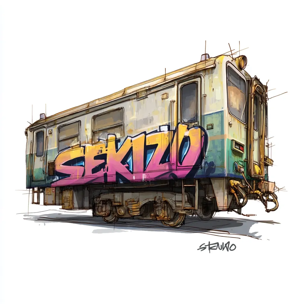 An illustration depicts a weathered train car, predominantly beige and teal, adorned with vibrant pink and yellow graffiti spelling "SEKIZO." The artistic style is a blend of sketch and digital painting, with visible brushstrokes and faint construction lines suggesting a three-dimensional perspective. The train's undercarriage and wheels are detailed, and the overall aesthetic suggests urban decay and artistic expression.  The artist's signature, "STENIRO," is subtly placed in the bottom right corner.