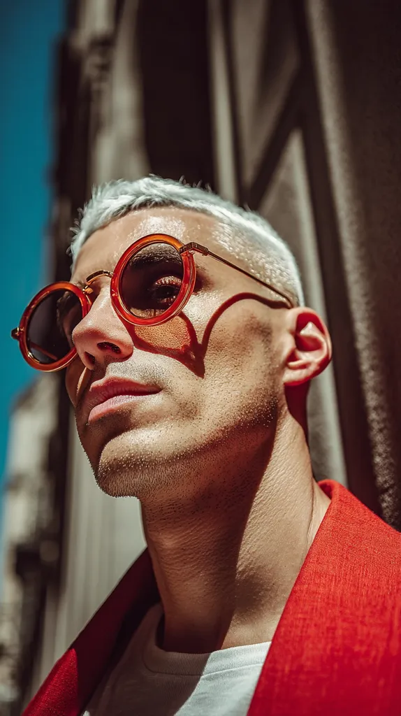 Close-up of a young man with short, bleached blonde hair wearing round, amber-tinted sunglasses. He's wearing a white t-shirt under a vibrant red blazer.  Sunlight casts shadows on his face, highlighting his sharp features. The background is blurred, showing a textured building facade. The overall mood is stylish and contemporary.