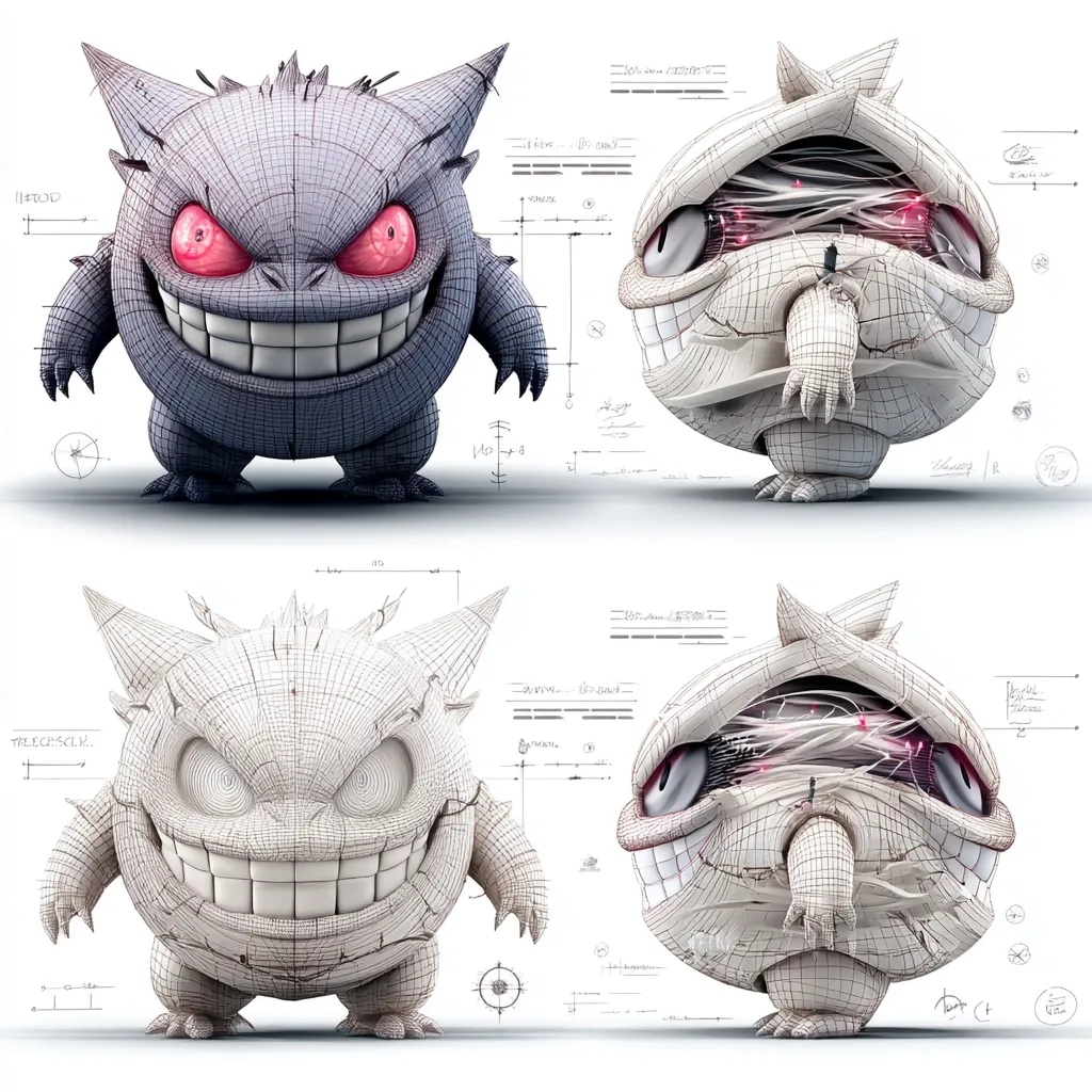 This image shows a digital 3D model of Gengar, a Pokémon character.  Two views are presented: a front view and a view showing the internal structure.  Wireframe renderings highlight the model's construction, overlaid with technical design notes and annotations.  The model's signature menacing grin and spiky features are clearly defined. The image showcases the digital sculpting process.