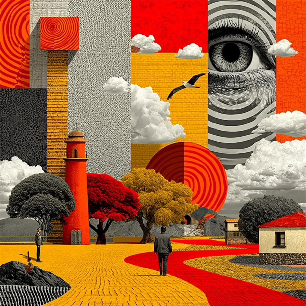 A surreal collage features a yellow brick road winding through a landscape with red and orange trees, a red lighthouse, and small houses.  A large eye dominates one section, while geometric shapes and textured backgrounds create a vibrant, dreamlike atmosphere.  Two figures walk along the path, adding a sense of scale and journey to this imaginative scene.  A bird flies overhead, completing the fantastical composition.